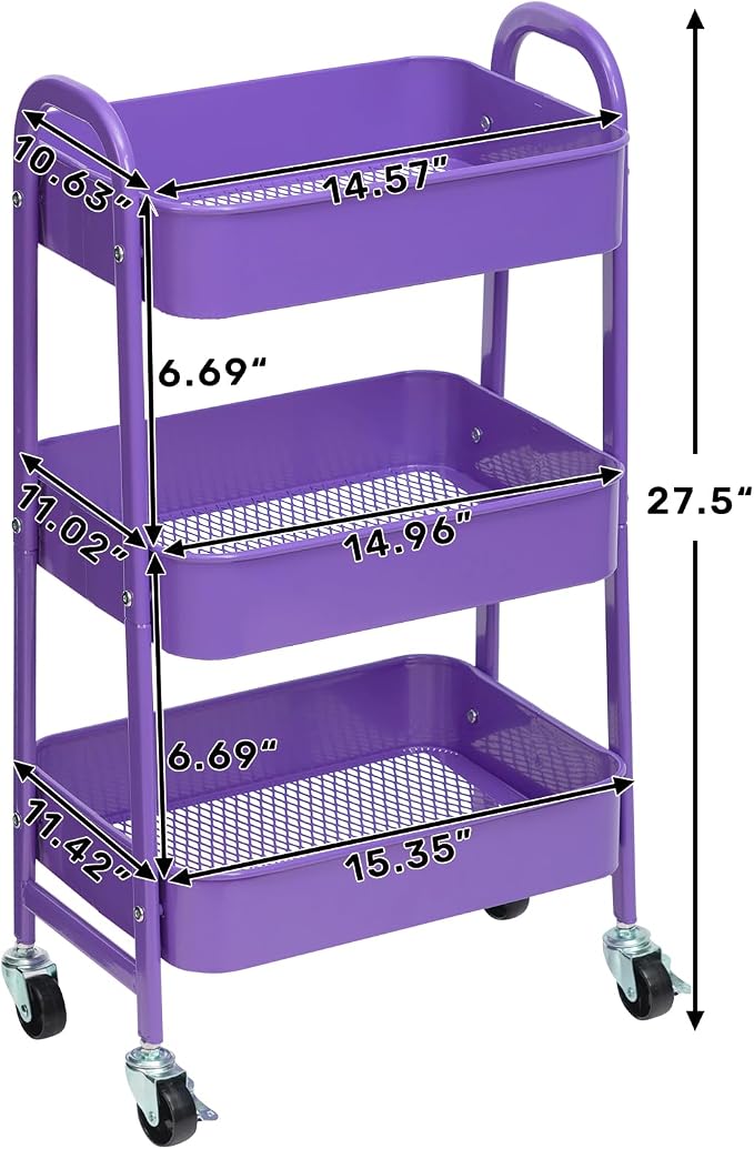 AGTEK Makeup Cart, Movable Rolling Organizer Cart, 3 Tier Metal Utility Cart - Image 4