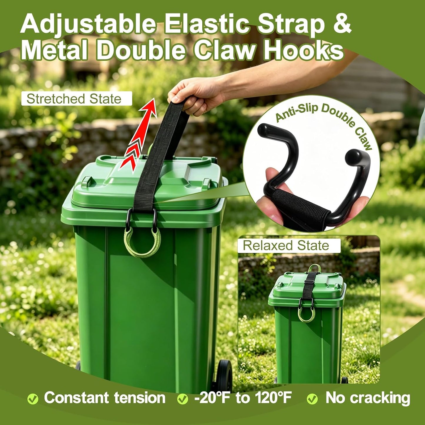 Trash Can Lock - 2 Easy-Pull Tabs for Clean Hands, Bear & Raccoon Proof Lid Lock with Heavy Duty Metal Double Claw Hook, Windproof Adjustable Strap, Fits 28-96 Gal Outdoor Bins
