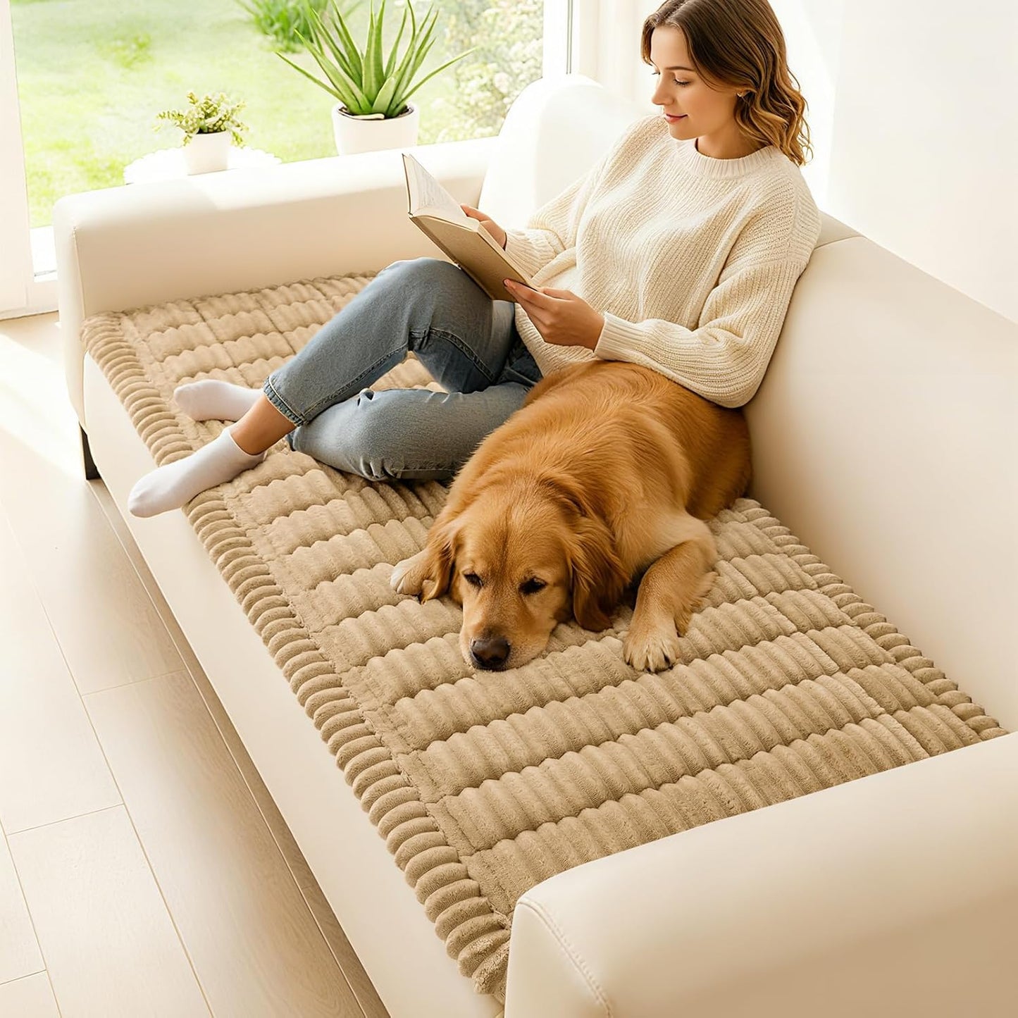 hyha Couch Cover for Dogs Washable, Non Slip Thick Flannel Sofa Protector, Pet Friendly Plush Furniture Cover for Sectional Sofa & Loveseat (Camel, 27.6" x 59")