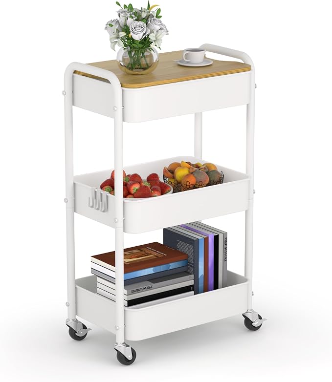 3 Tier Metal Utility Cart, Rolling Storage Cart by HIDODO