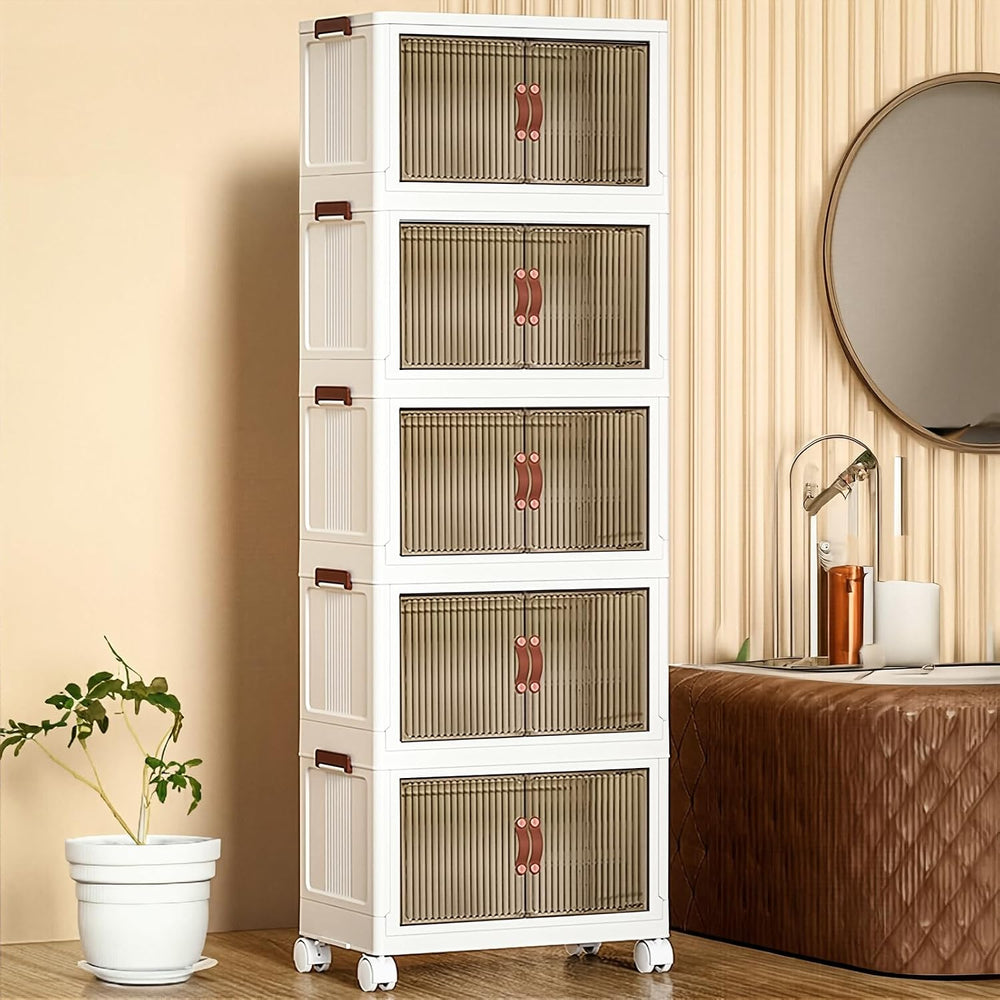 5 Tier Plastic Stackable Storage Bins and Boxes Organizer, Foldable Container...