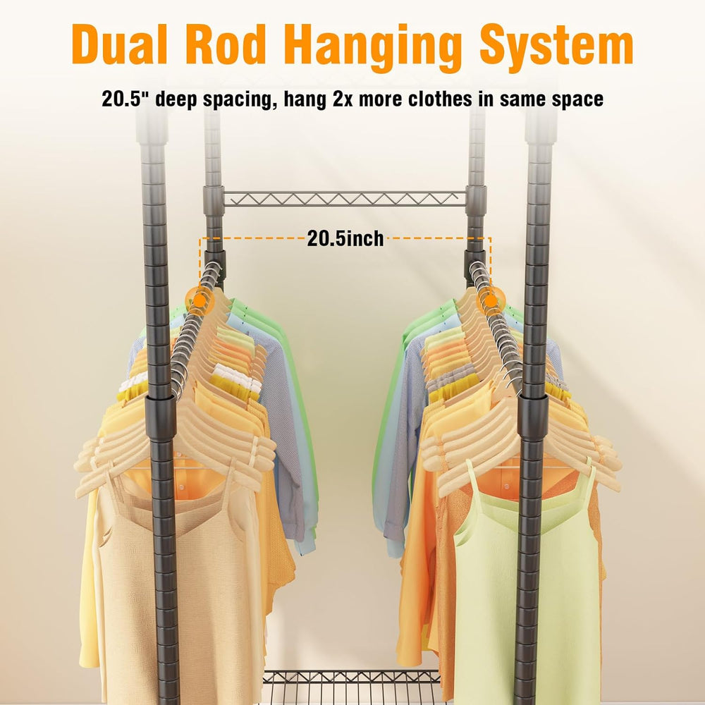 Himimi Double Rods Clothes Rack Heavy Duty, Adjustable Metal Garment Rack wit...