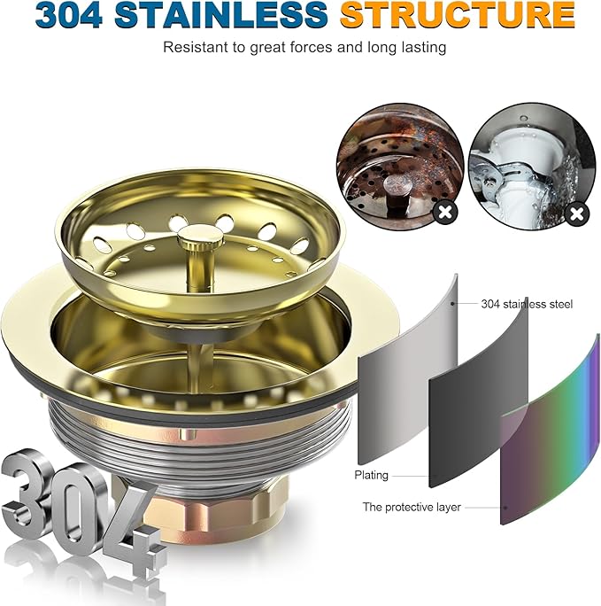 BOTEMY Stainless Steel Gold Sink Drain Strainer Kit 3-1/2 inch Kitchen Drain - Image 2