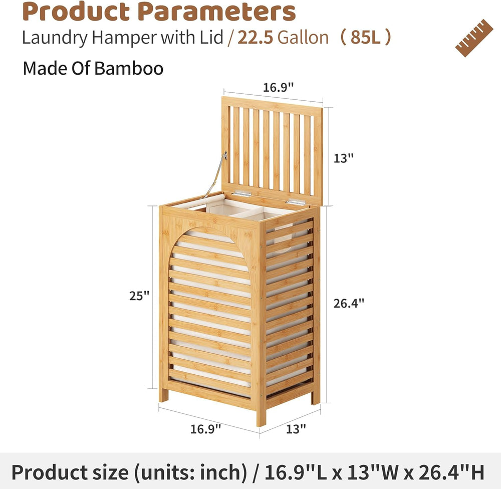 Laundry Hamper with Lid (16.9 * 13 * 26.5inches) Large Bamboo Laundry Bin Bas...
