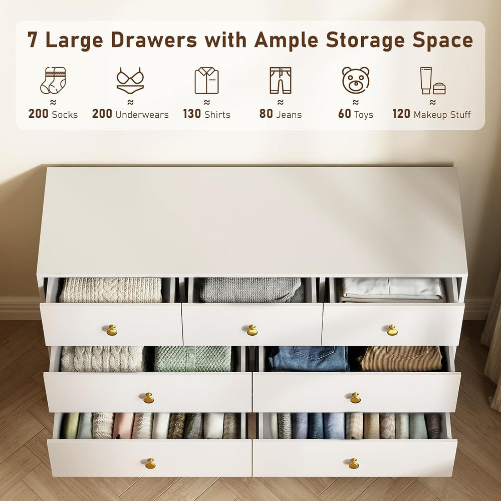 Tradare White Dresser for Bedroom, Modern 7 Drawer Dresser with Gold Handles ...