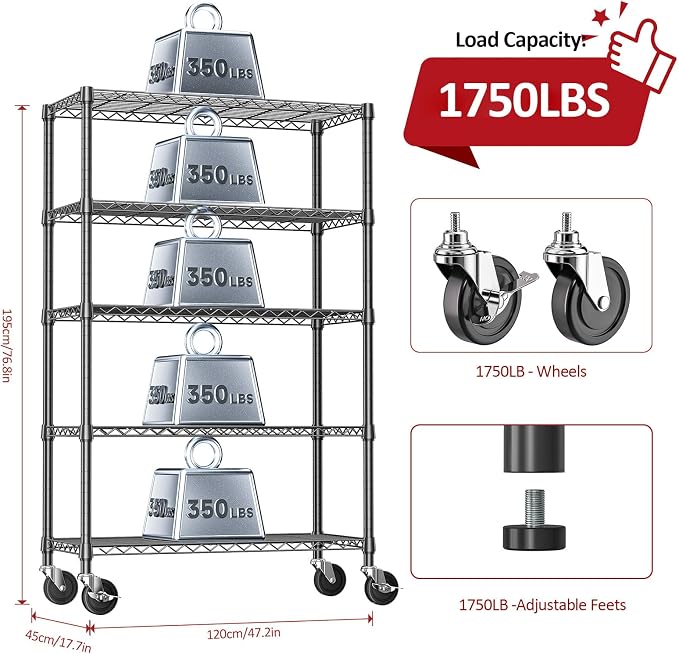 IZEUK 5-Tier Adjustable Heavy Duty Steel Wire Shelving Unit - Image 3
