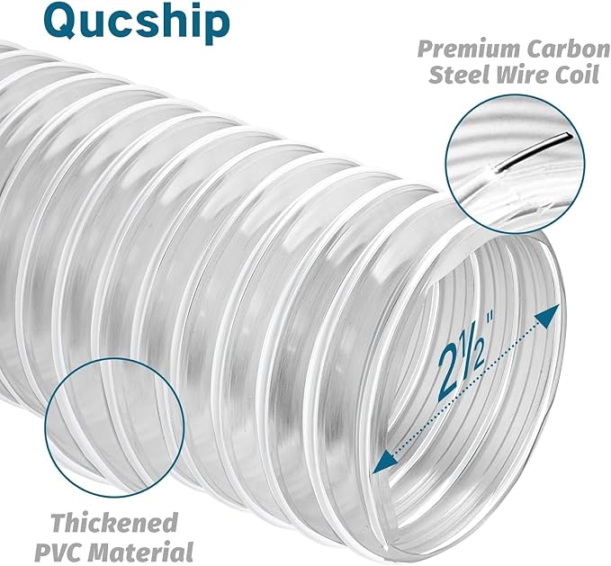 Qucship 2-1/2" x 10' Heavy-Duty PVC Dust Collection Hose, Puncture-Resistant - Image 2