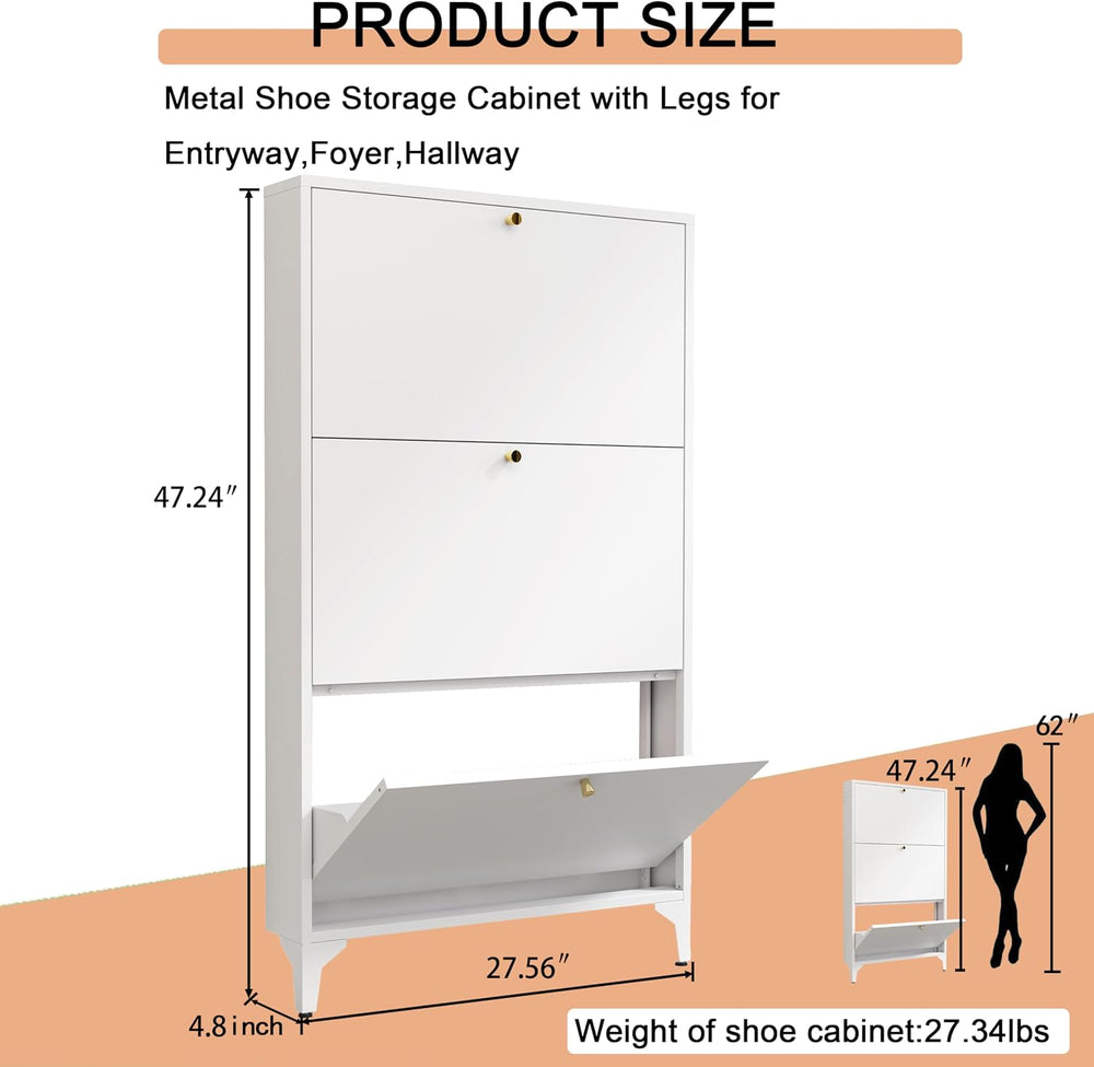Shoe Cabinet with 3 Flip Drawers, Narrow Shoe Storage Cabinet, Farmhouse Shoe...