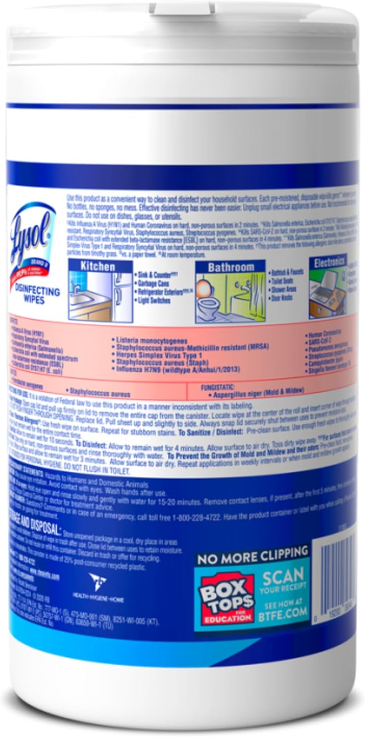 Lysol Disinfecting Wipes, Multi-Surface Cleaner, Crisp Linen, 80 ct. | All Purpose Cleaner, Sanitizing, Deodorizing, Apartment Essentials, Back To School Cleaning Supplies, Kitchen & Bathroom Wipe