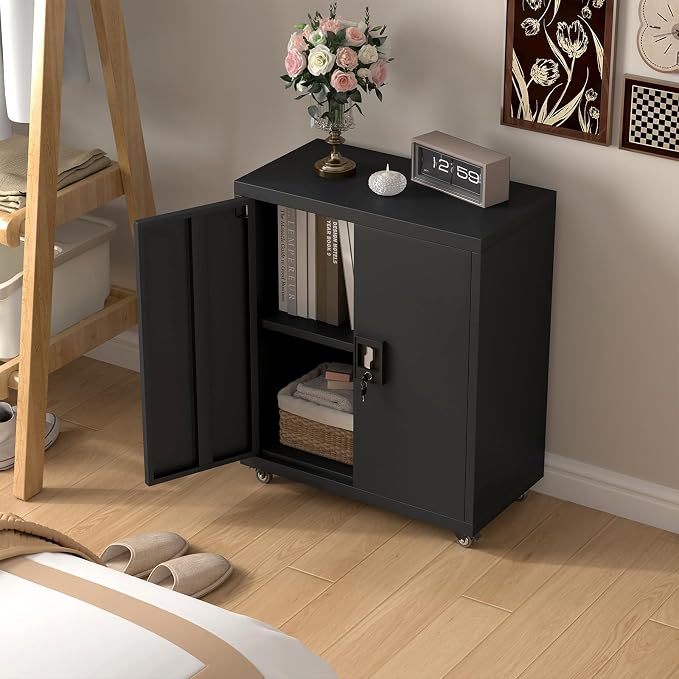 Metal Cabinet with Wheels, Steel Cabine with Locking Doors, Small Cabinet with