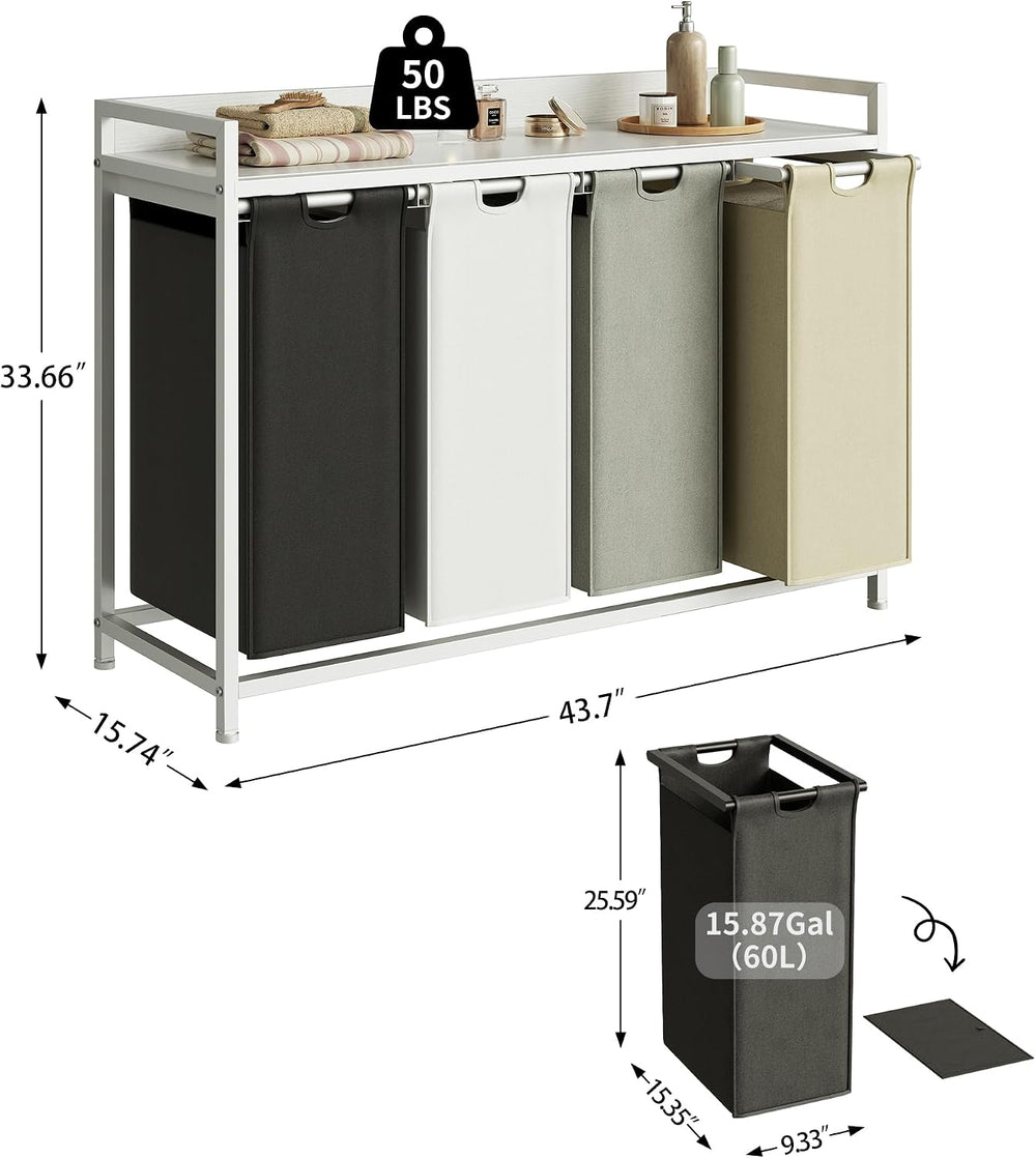 Herture Laundry Hamper with Shelf, Laundry Basket 4 Section, Laundry Sorter w...