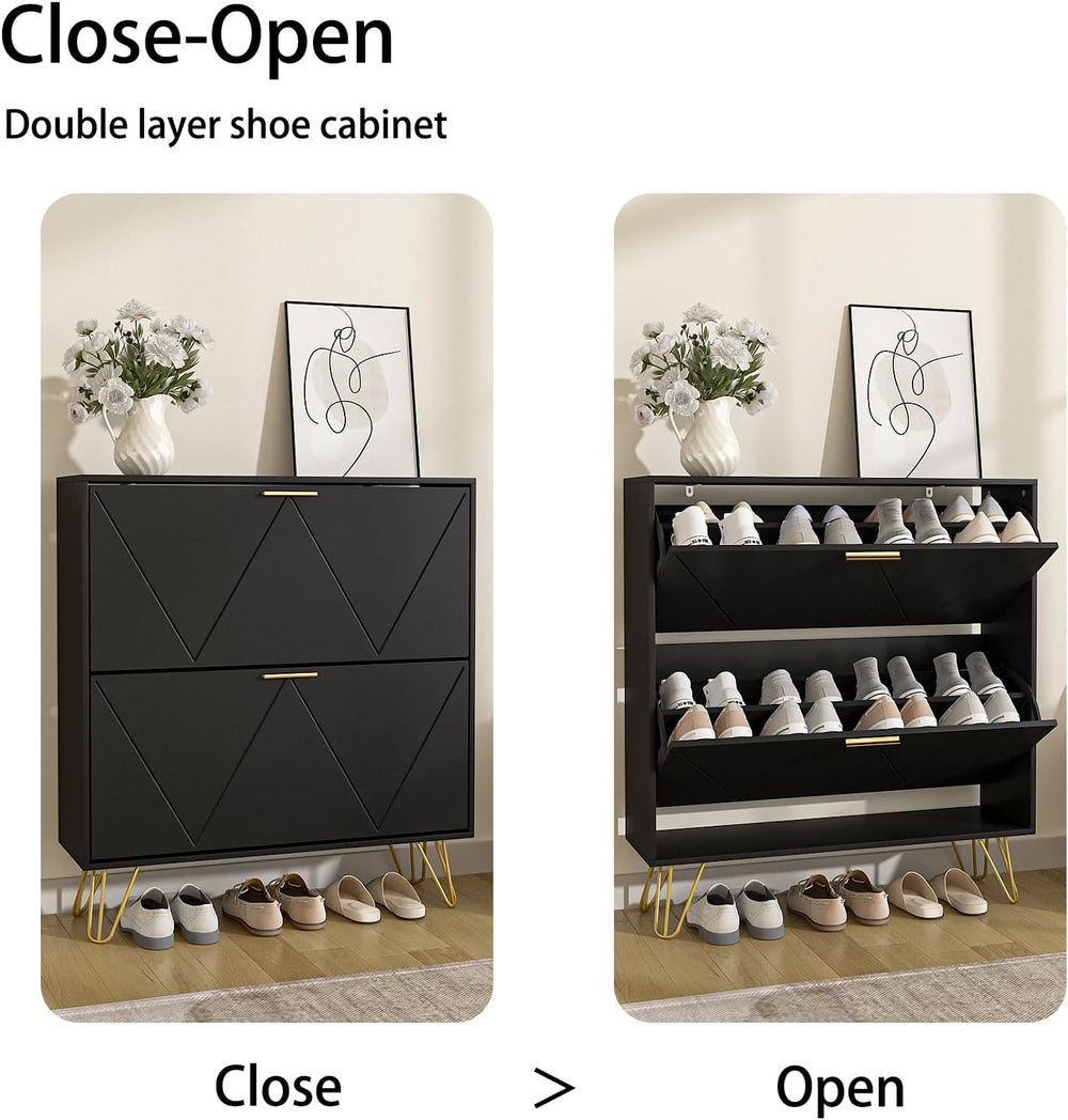 LYNSOM Entryway Shoe Cabinet with 2 Flip Drawers and Fluted Panel, Blcak丨Slim...