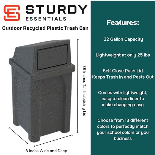 32 Gallon Square 100% Recycled Plastic Heavy Duty Commercial Outdoor or Indoor - Image 2