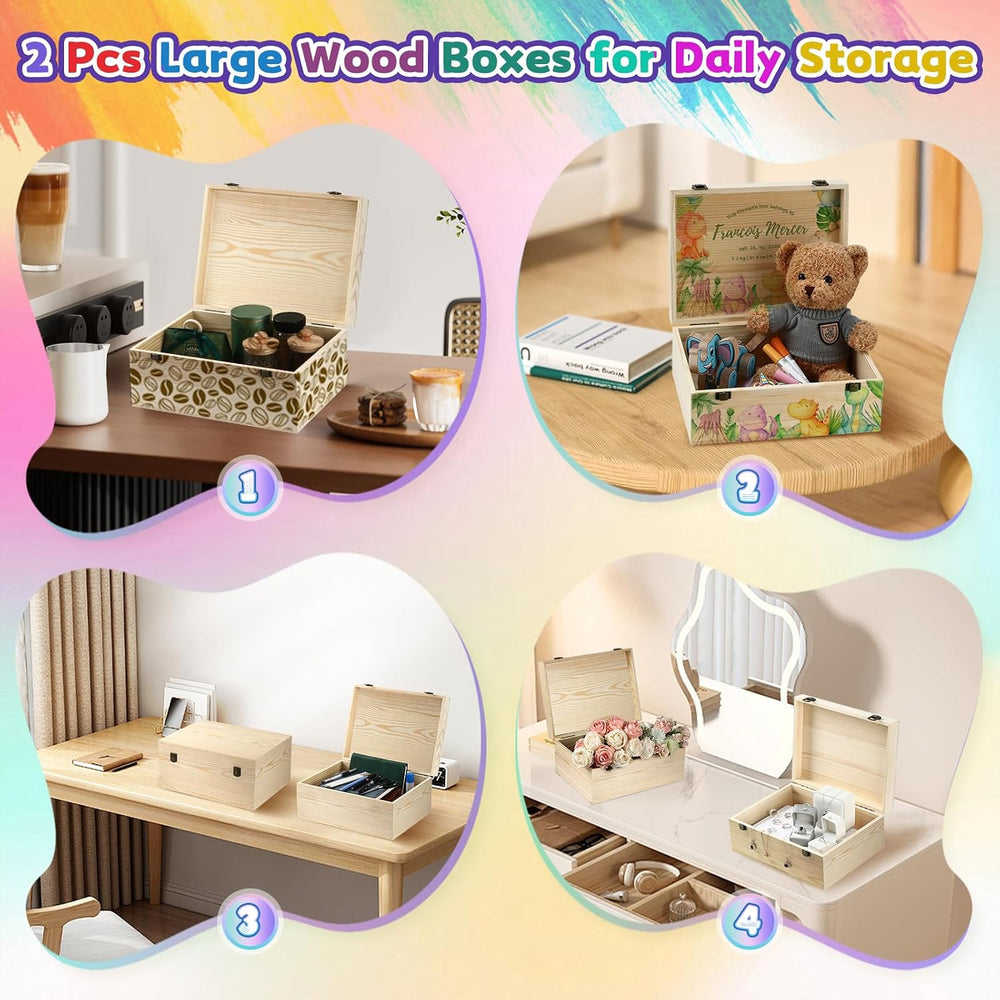Large Unfinished Wooden Boxes Set of 2 Sizes Wood Box with Hinged Lid