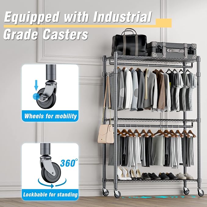 Homdox Rolling Clothes Rack Heavy Duty, 3-Tier Adjustable Wire Shelving Garment - Image 5