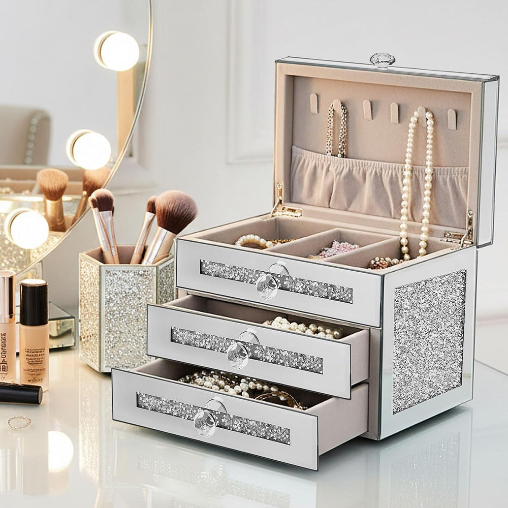 Kenning Glass Mirrored Jewelry Box for Women 3 Layer 2 Drawer Crushed Diamond...