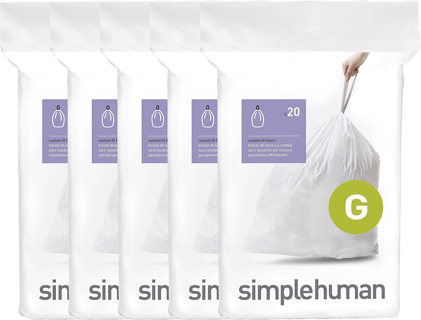 simplehuman Code G 100 Count Custom Fit Liners, Drawstring Kitchen Trash Bags, One-by-One Mess-Free Dispense, Extra Thick & Double Seamed, 50% PCR Plastic, 30 Liter / 8 Gallon, White