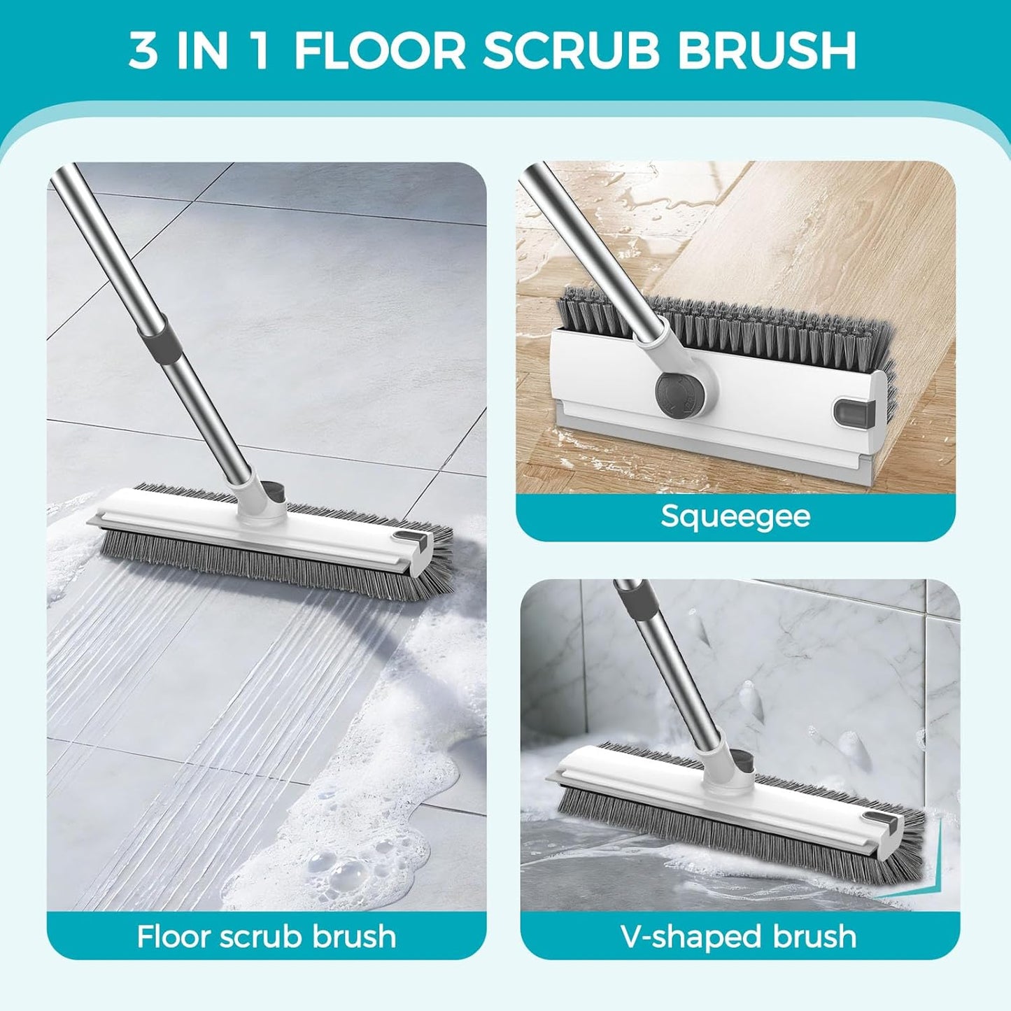 SetSail Floor Scrub Brush, 3 in 1 Floor Scrub Brush with 54-in Adjustable Long Handle and Scraper Heavy Duty Stiff Bristle Floor Scrubber for Cleaning Shower Bathroom Kitchen Patio Garage, Grey&White