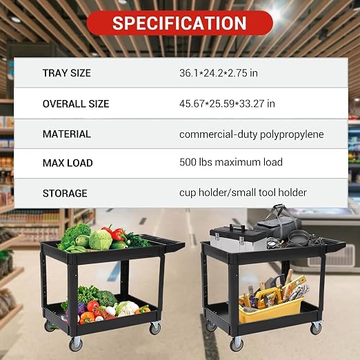 Utility Service Cart 2-Shelf 500 Lbs Capacity, Heavy Duty Rolling Cart - Image 3