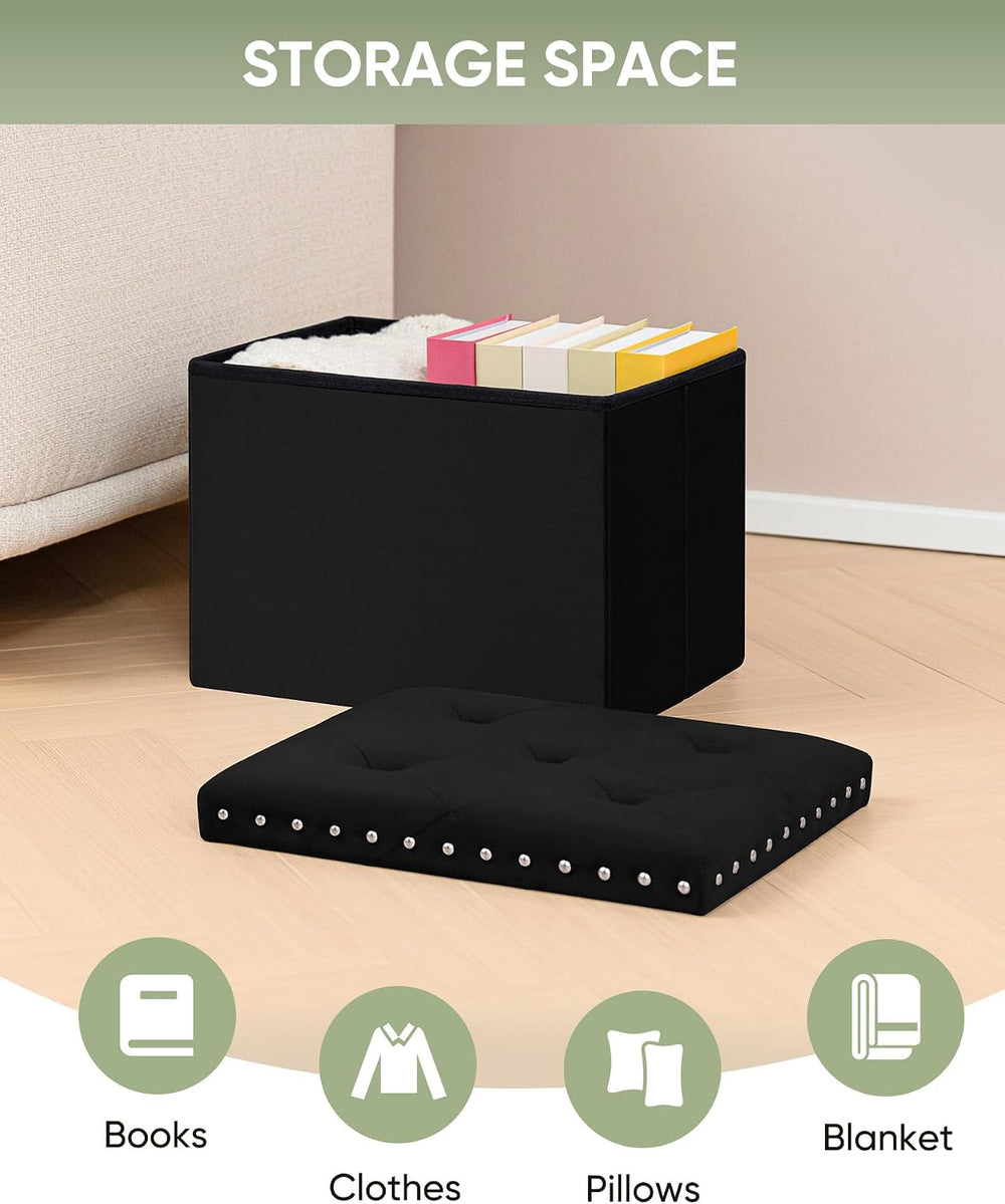 B FSOBEIIALEO Storage Ottoman Cube, 16.5" Velvet Folding Ottoman, Black