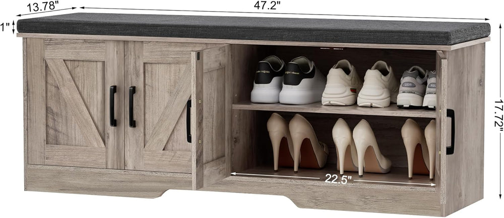 HOMSHO Farmhouse Shoe Storage Bench with 4 Barn Doors & Padded Seat Cushion
