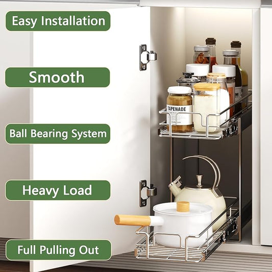 2 Tier Individual Pull Out Cabinet Organizer 5½" W x 21½" D, Heavy Duty Cabinet - Image 2