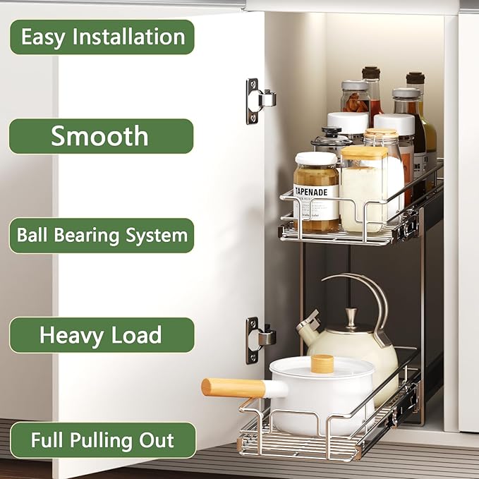 2 Tier Individual Pull Out Cabinet Organizer 7½" W x 21½" D, Heavy Duty Cabinet - Image 2
