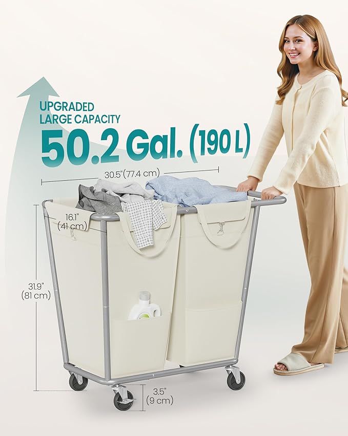 SONGMICS Laundry Basket with Wheels, 50.2 Gallons, 2-Section Rolling Laundry - Image 6