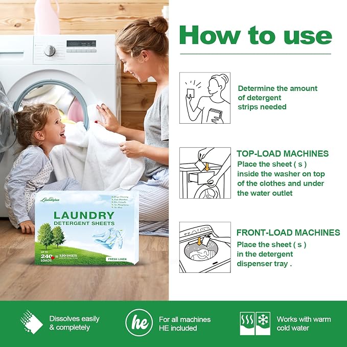 Laundry Detergent Sheet, Eco-Friendly & Hypoallergenic Wash Strips, Natural - Image 6