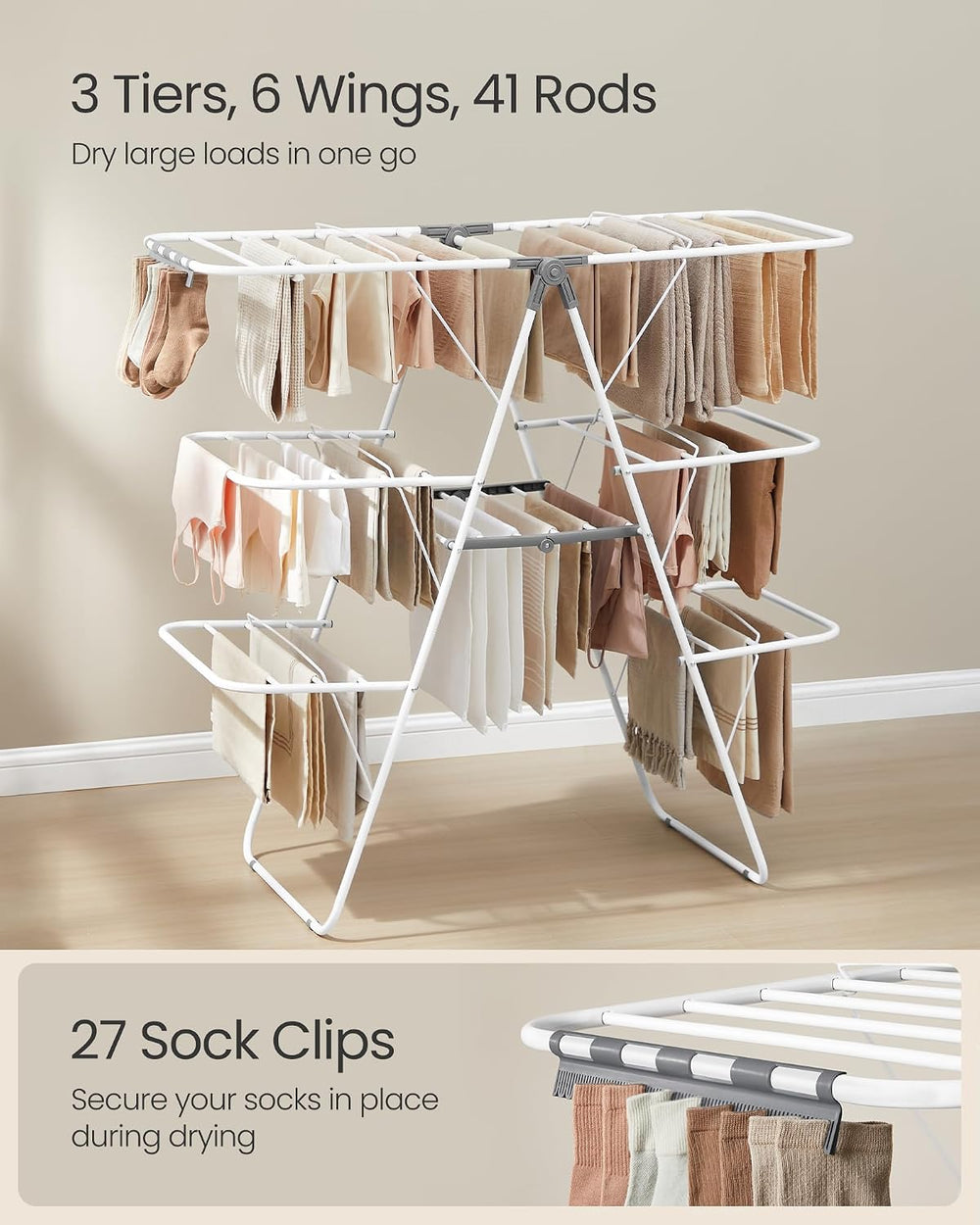 SONGMICS Clothes Drying Rack, Foldable 3-Level Laundry Rack, Free-Standing La...