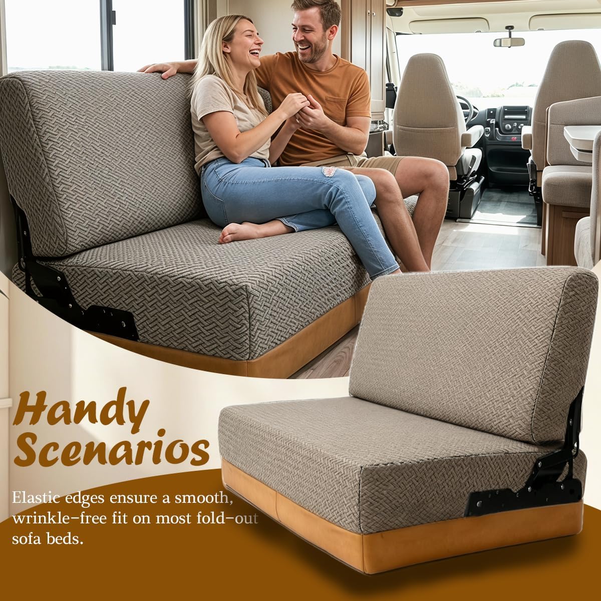 2 Piece RV Couch Covers for Jackknife Sofa Bed,Strap On RV Jackknife Sofa Cover,Anti Slip RV Couch Cover for RV Cushion Covers(Khaki)