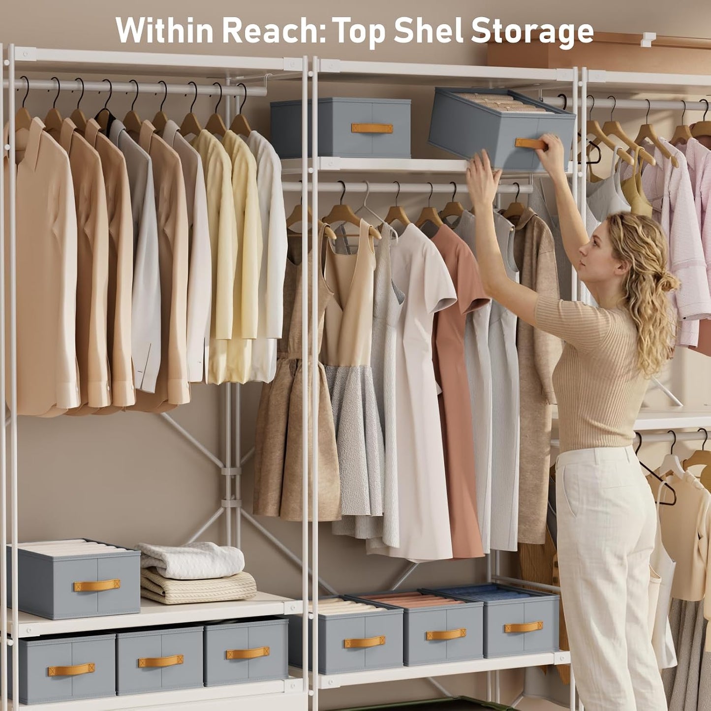 DIMJ Wardrobe Clothes Organizer - 4/5/7 Grids Foldable Closet Drawer Organizer Dividers for Jeans, Pants, Sweater, T Shirt, Storage Bins with Handles for Shelf