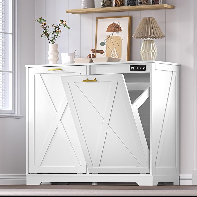 Tilt Out Trash Can Cabinet for 2 Bins, Hidden Recycle Garbage Bin Enclosure by BORNOON