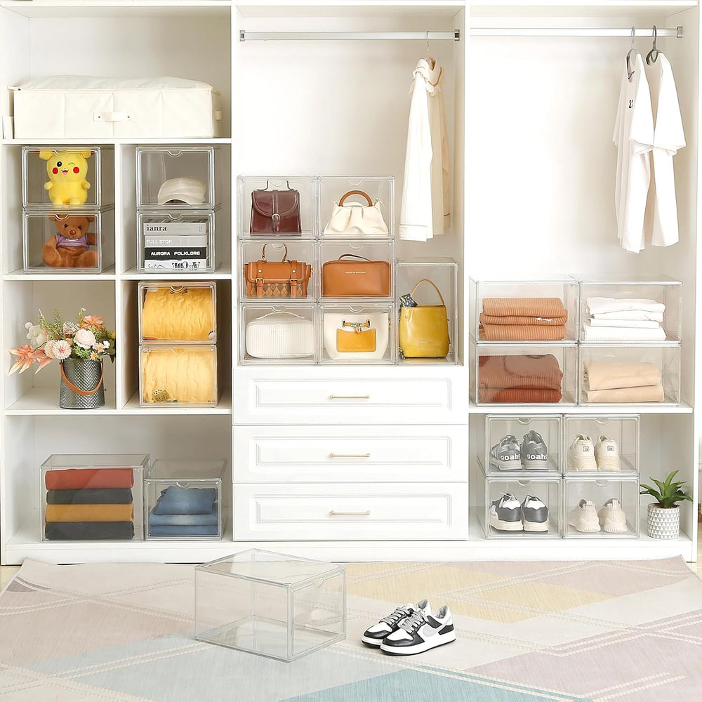 Clear Shoe Storage Boxes Stackable, Display Case With Magnetic Door, 4 Pack A...