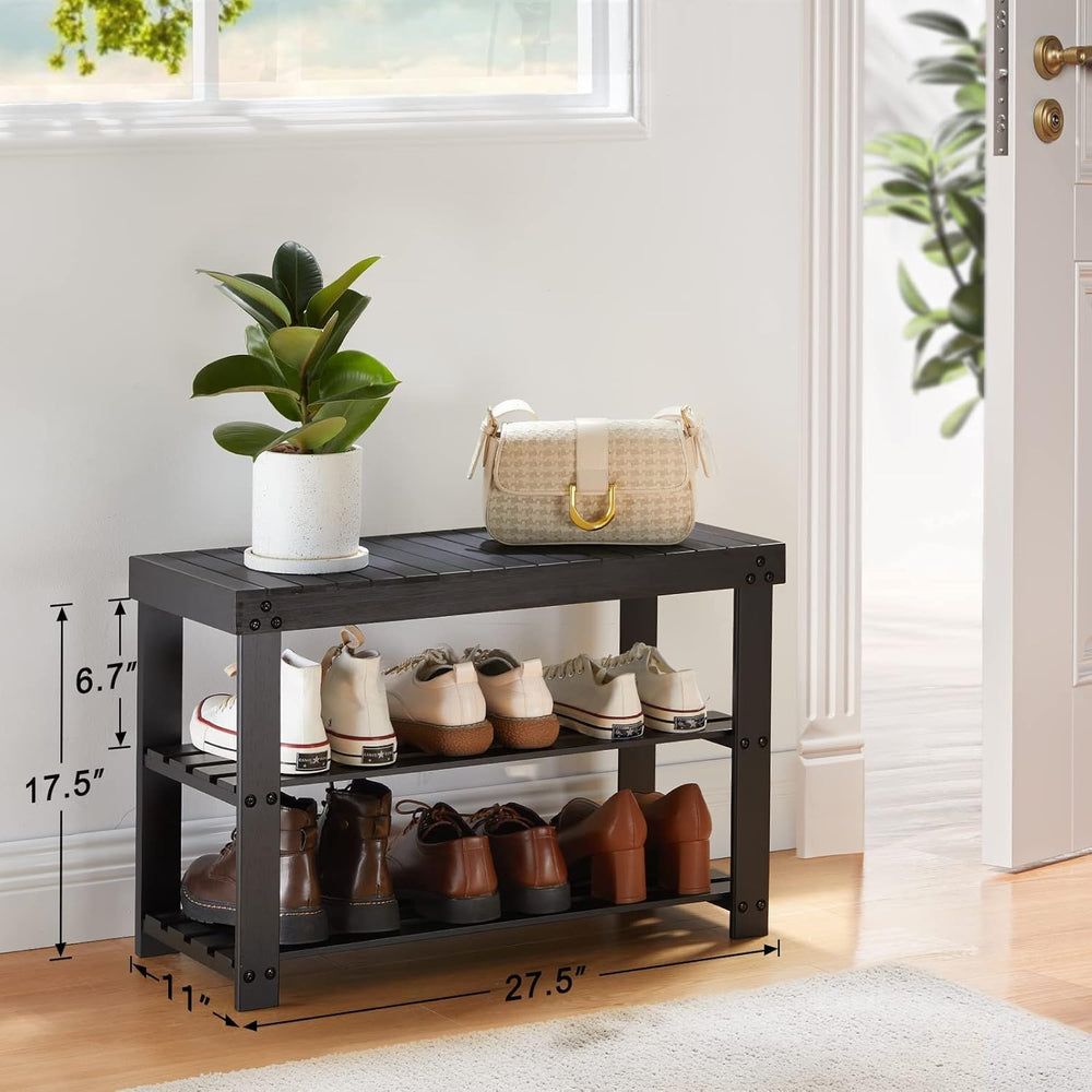 Pipishell 3 Tier Bamboo Shoe Rack Bench for Entryway, Black