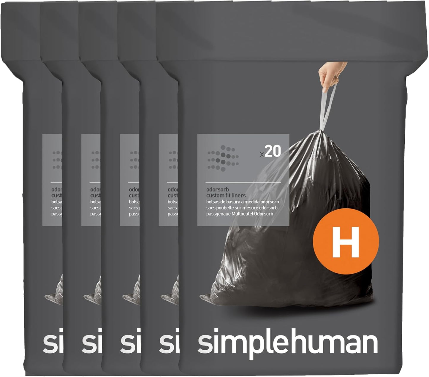 simplehuman Code H 100 Count Odorsorb® Custom Fit Liners, Drawstring Odor Absorbing Trash Bags, One-by-One Mess-Free Dispense, Extra Thick & Double Seamed, 50% PCR Plastic, 30-35 Liter / 8-9 Gallon