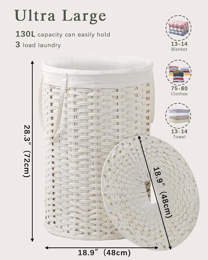Large Laundry Hamper Laundry Basket Round 34.3 Gal Handwoven Wicker Laundry - Image 4