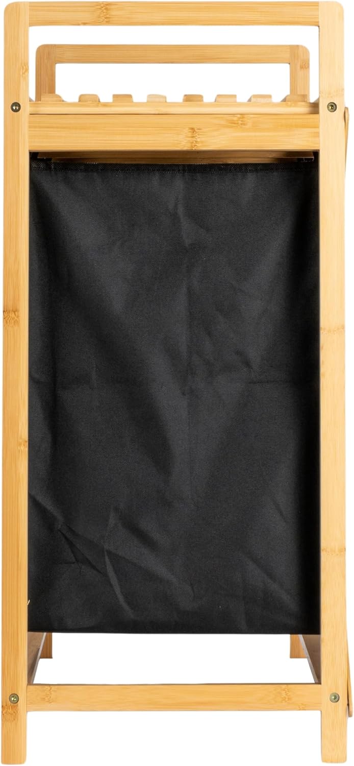 Household Essentials Bamboo Pull Out Double Hamper with Shelf, Natural and Black