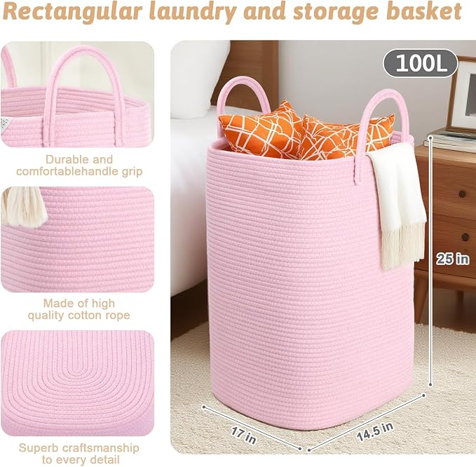 Laundry Basket, Woven Cotton Rope Laundry Hamper, 100L Versatile Storage - Image 2