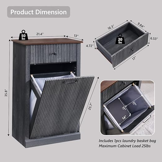 Modern Tilt-Out Trash Can Cabinet, 10 Gallon Fluted Laundry Hamper Cabinet - Image 2