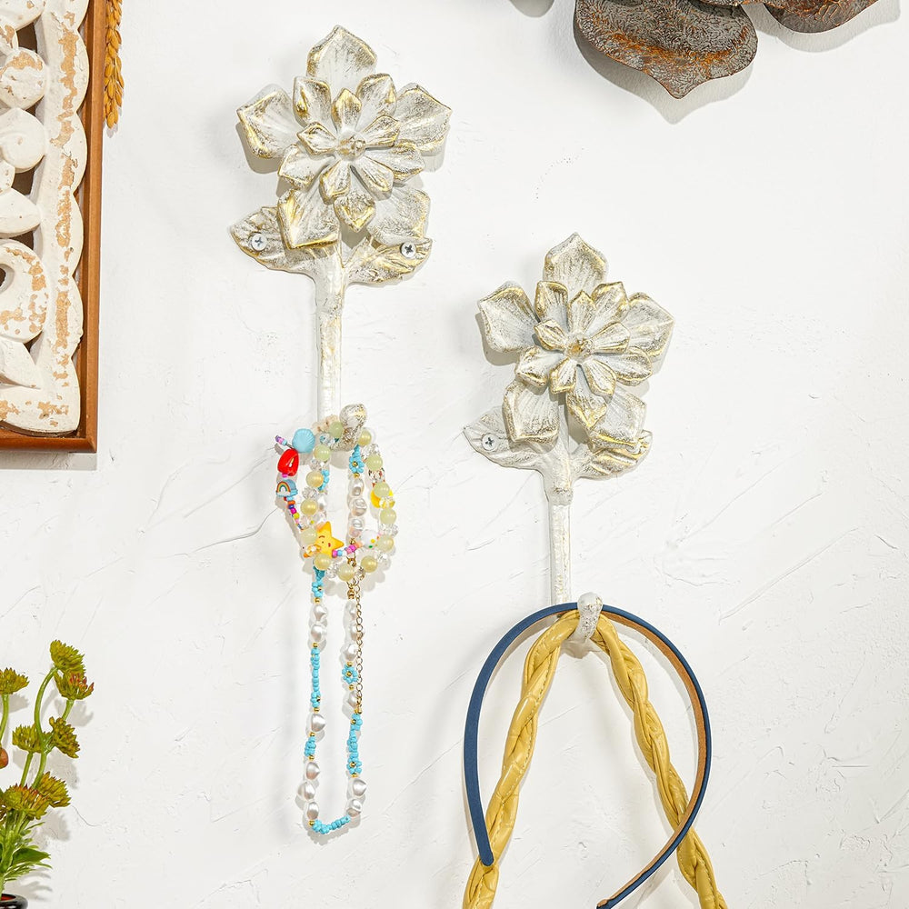 Sungmor 2 Pack Cast Iron Coat Hooks - Flower Shaped& Rustic White