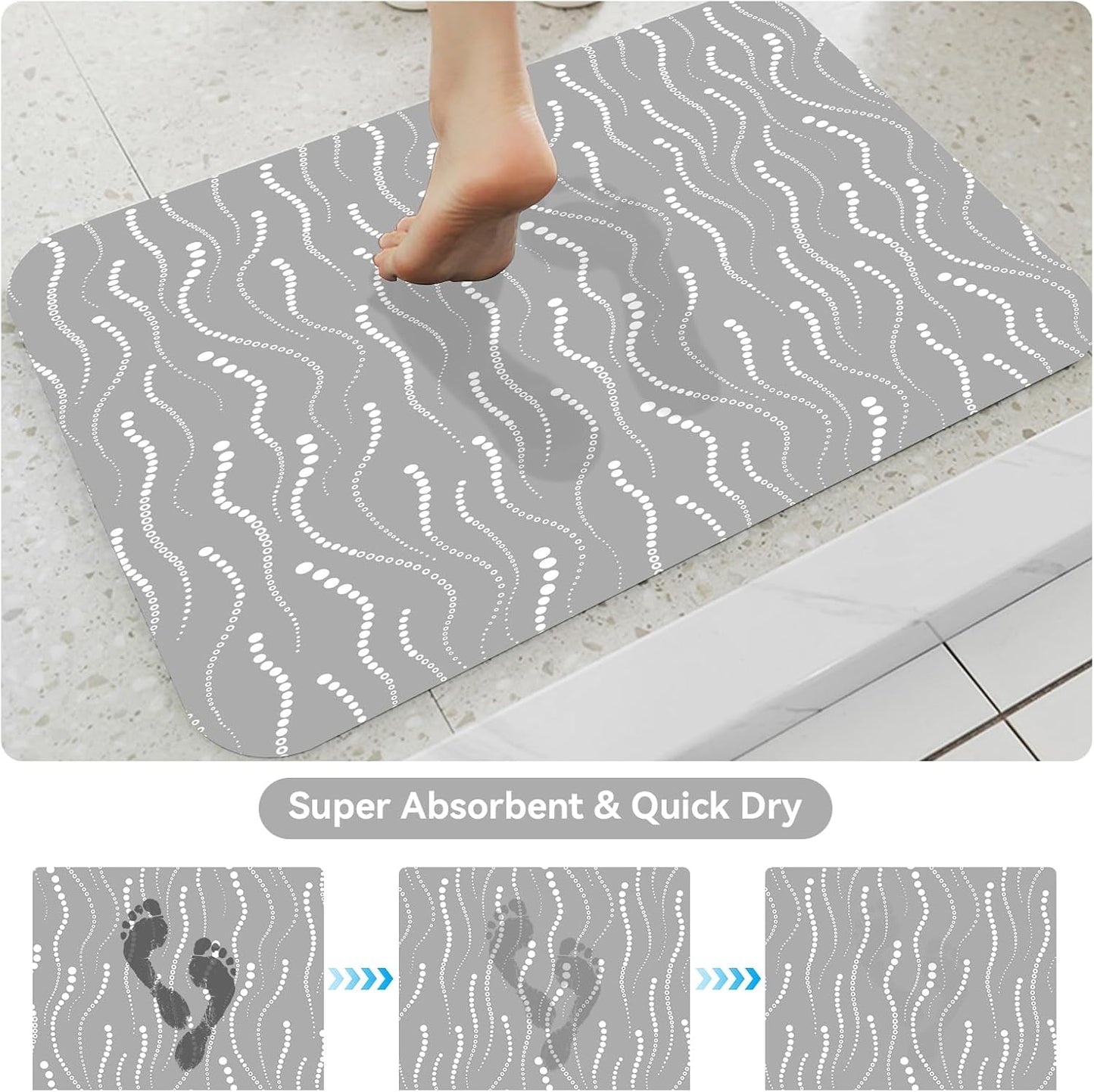 Bath Mat Set of 3, Grey and White Modern Soft & Super Absorbent Quick Dry Shower Mat,Non-Slip Rubber Backed Bottom, Thin Washable Bathroom Rug for Toilet, Tub, Sink, Restroom Decor