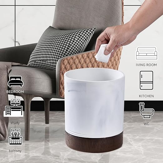 Polytree White Marble and Brown Wood Round Wastebasket, Resin Small Round - Image 8