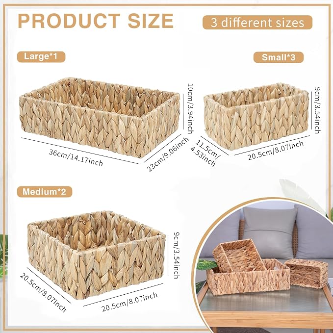 Handwoven Wicker Storage Baskets Set, Natural water hyacinth & Iron Frame | - Image 3