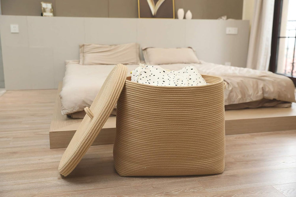 22x14x18 Inch Extra Large Rectangular Rope Basket with Lid, Decorative Blanke...