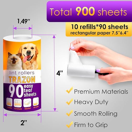 Lint Rollers Pet Hair Value 10 Pack of 900 Sheets / 10 Refills, Sticky Roller - Image 2