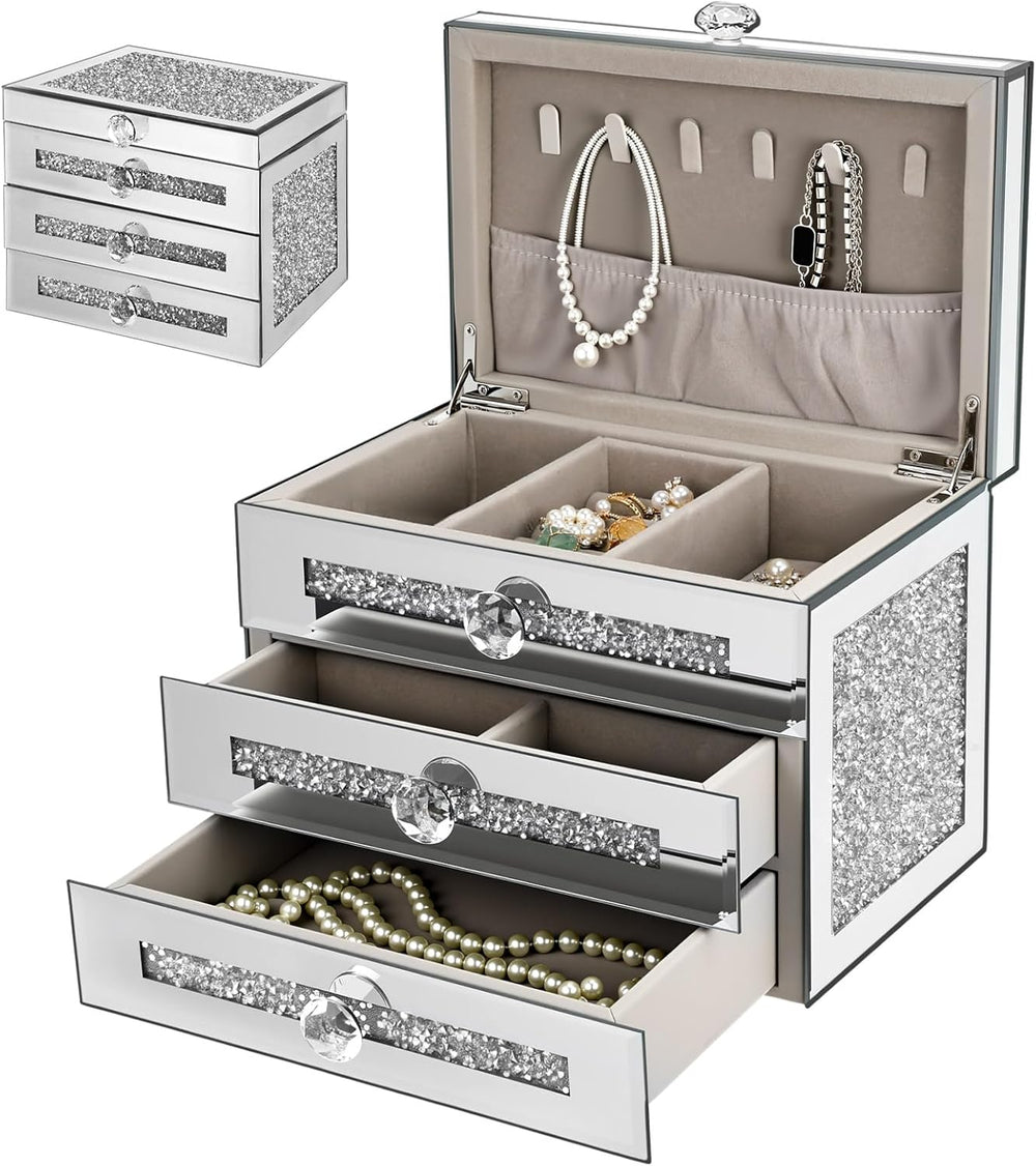 Kenning Glass Mirrored Jewelry Box for Women 3 Layer 2 Drawer Crushed Diamond...