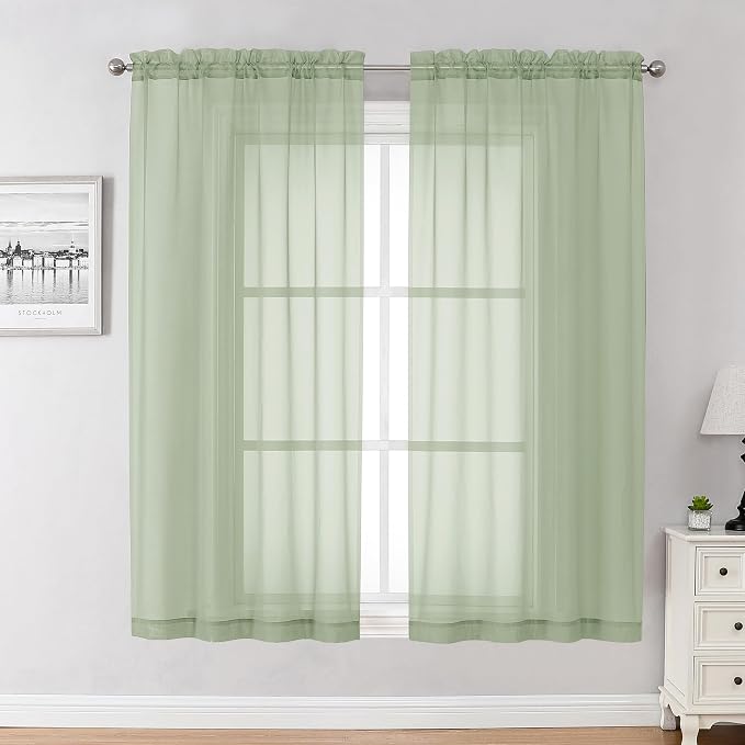 Chyhomenyc Light Green Sheer Curtains 63 Inches Long 2 Panels Set- Light by Chyhomenyc