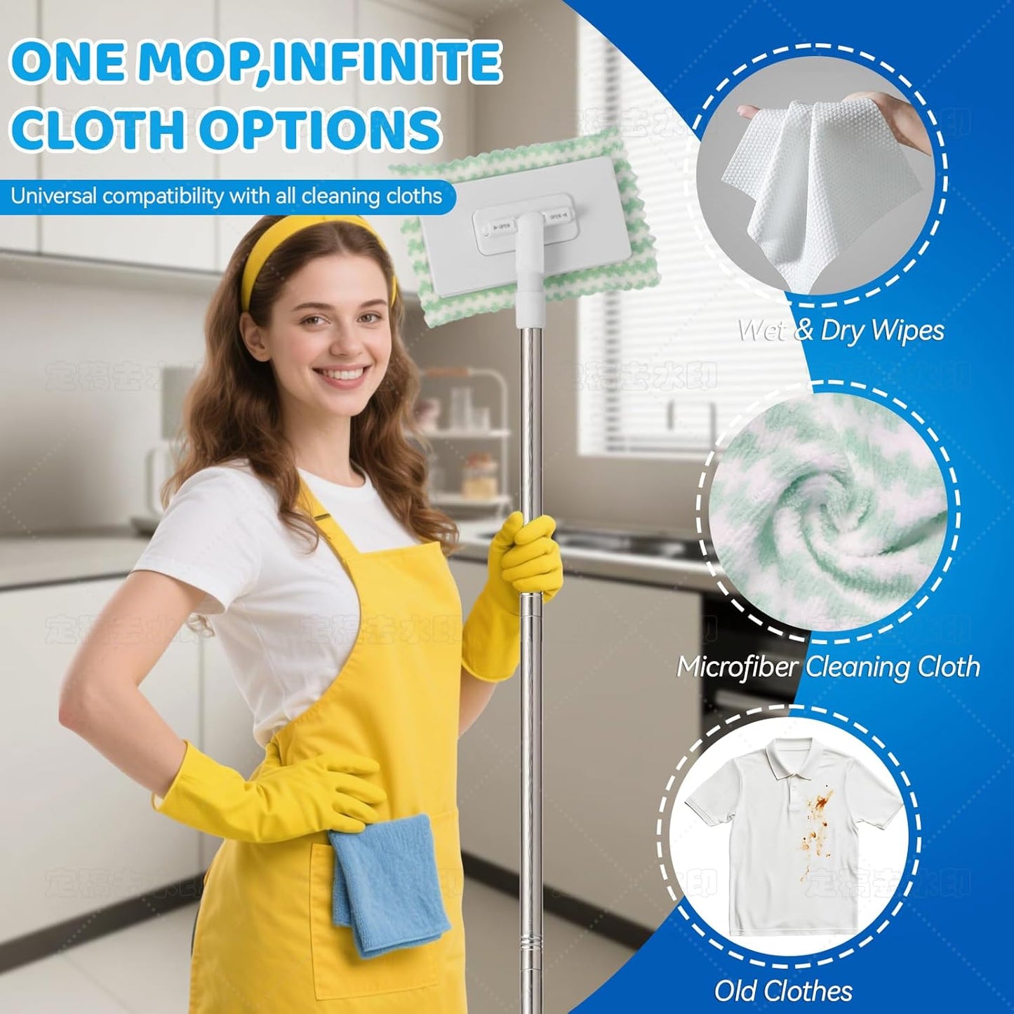Upgraded Zero Touch Snap Grip Mini Mop, Hands Free Push Pull Handle, Easy Cloth Change Portable Cleaner for Kitchen Bathroom Car, 1 Mop & 10 Reusable Washable Cloths