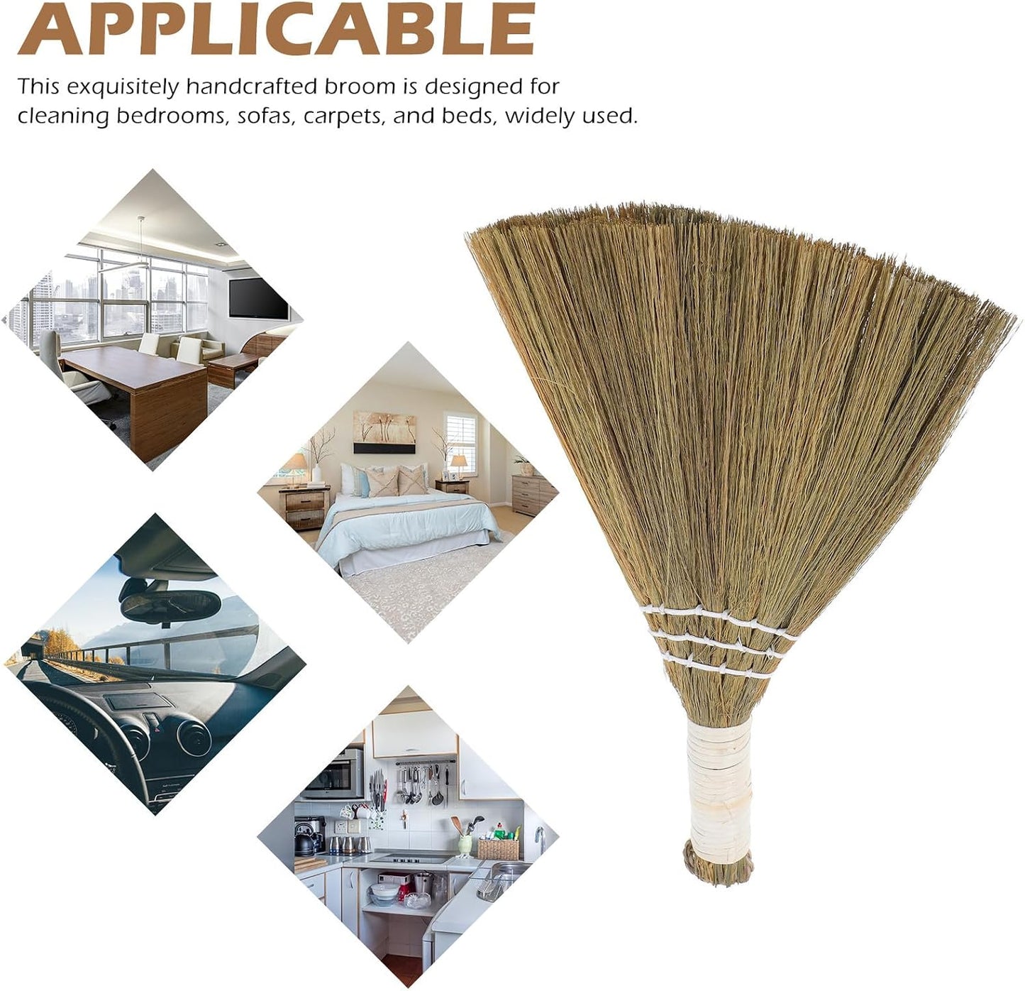 STOBAZA Handheld Small Soft Straw Broom 20x28cm with White Handle, Handmade Asian Straw Whisk Broom for Indoor Dust Removal and Pet Hair Cleaning